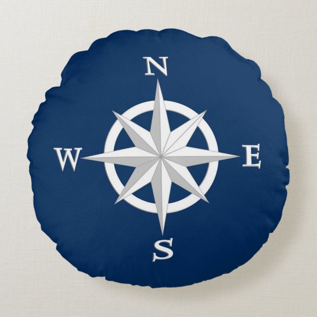 8-Point Compass Rose, White and Navy Blue Round Pillow (Front)