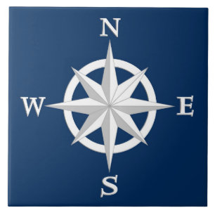 8-Point Compass Rose, White and Navy Blue Tile