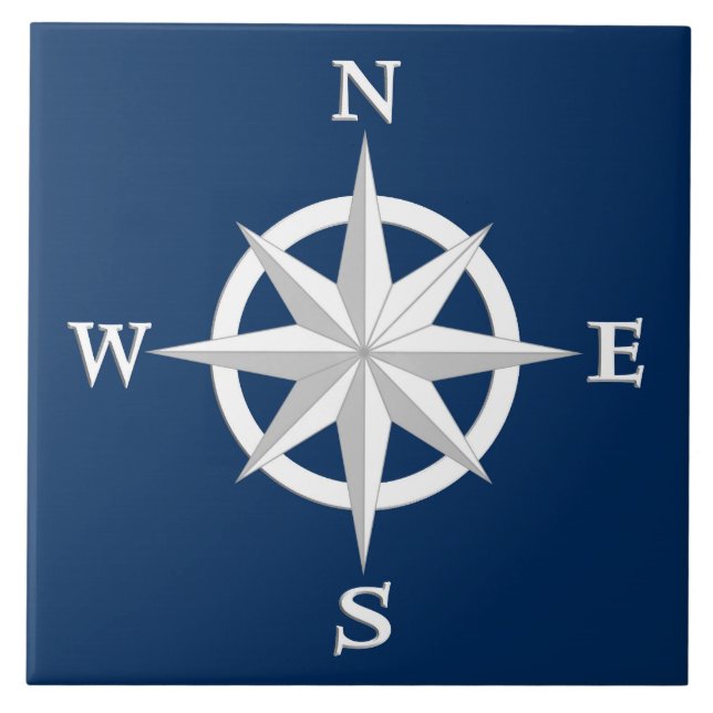8-Point Compass Rose, White and Navy Blue Tile (Front)