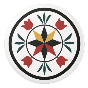 8-Pt Star Tulips Pennsylvania Dutch Hex Sign Knob