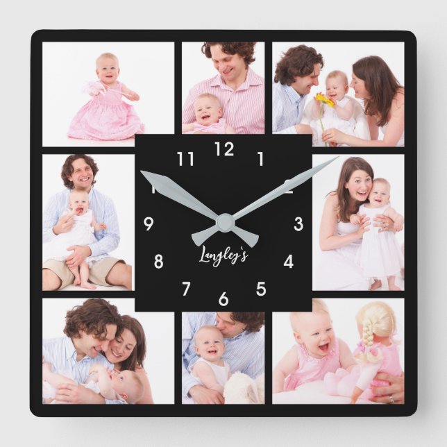 8 Sections Family Photo in Black Frame Square Wall Clock (Front)