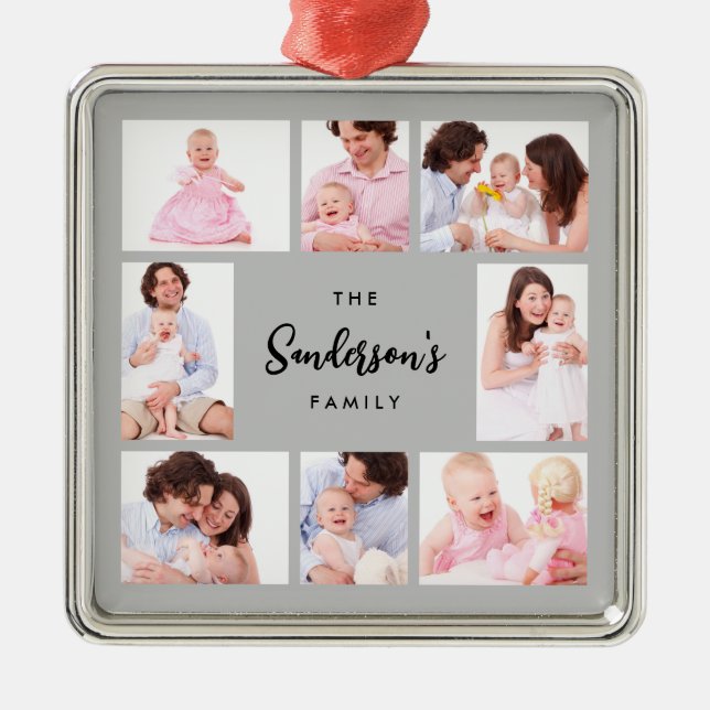 8 Sections Family Photo in Gray Frame Metal Ornament (Front)