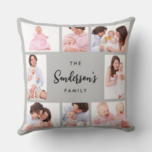 8 Sections Family Photo in Gray Frame Throw Pillow