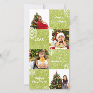 8 Squares Green Glitter Snow- Christmas Photo Card