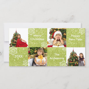 8 Squares Green Glitter Snow-Christmas Photo Card