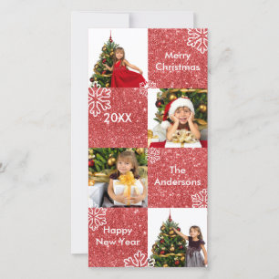 8 Squares Red Glitter Snow - Christmas Photo Card