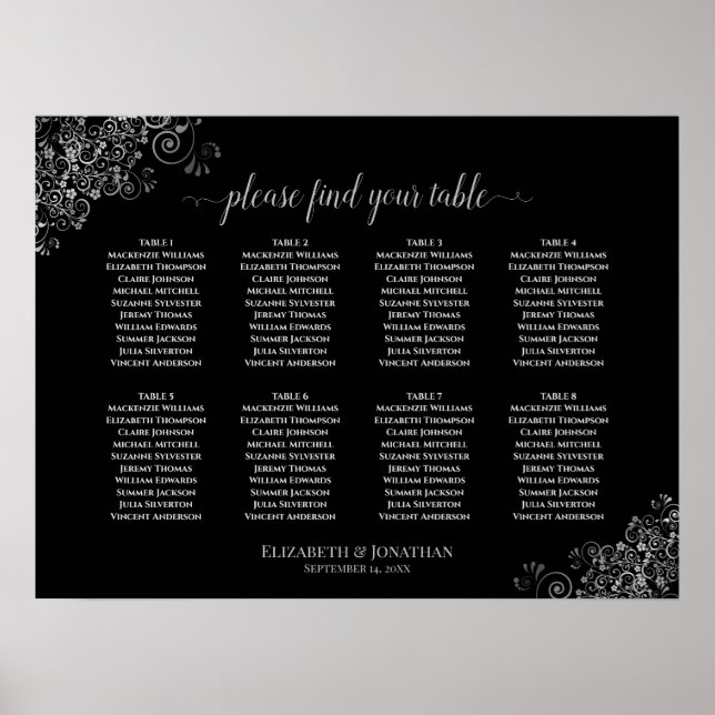 8 Table Black Wedding Seating Chart Silver Frills (Front)