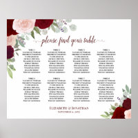 8 Table Burgundy, Red & Pink Roses Seating Chart
