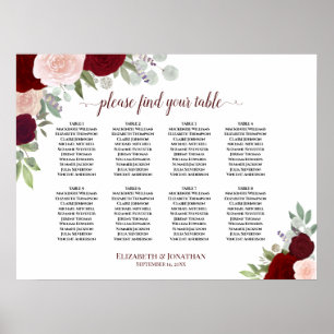 8 Table Burgundy, Red & Pink Roses Seating Chart