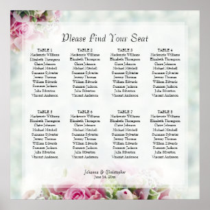 8 Table Pink Roses Wedding Seating Chart