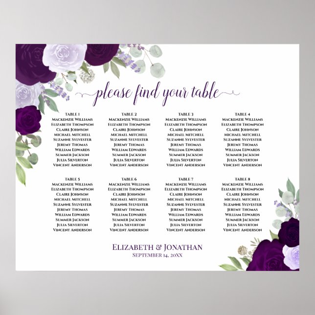 8 Table Purple Roses Elegant Wedding Seating Chart (Front)