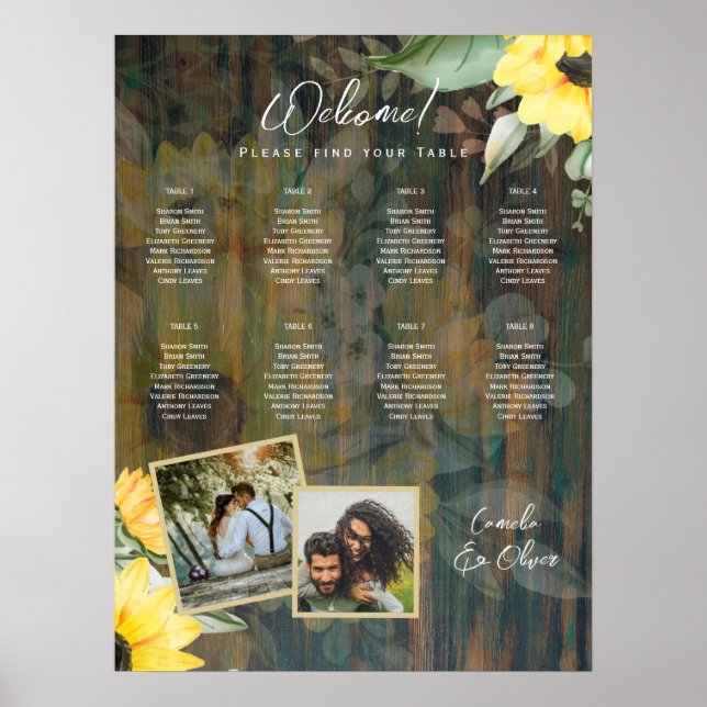 8 Table Rustic Wood SUNFLOWERS PHOTO SEATING Poster (Front)