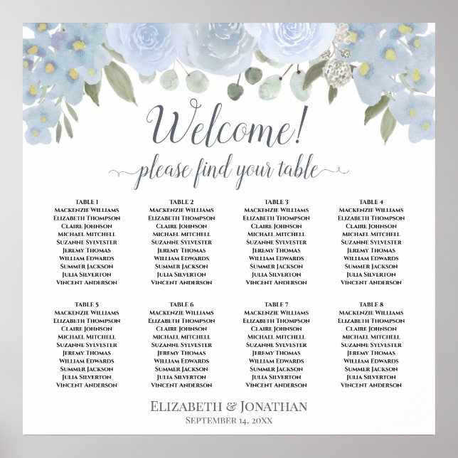 8 Table Wedding Seating Chart Dusty Blue Boho Rose (Front)