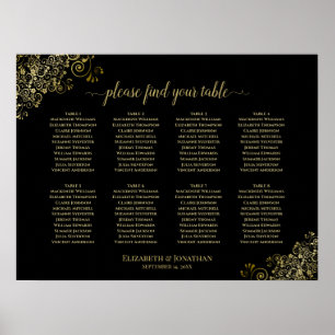 8 Table Wedding Seating Chart Gold Frills on Black