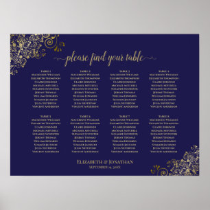 8 Table Wedding Seating Chart Lacy Gold Navy Blue