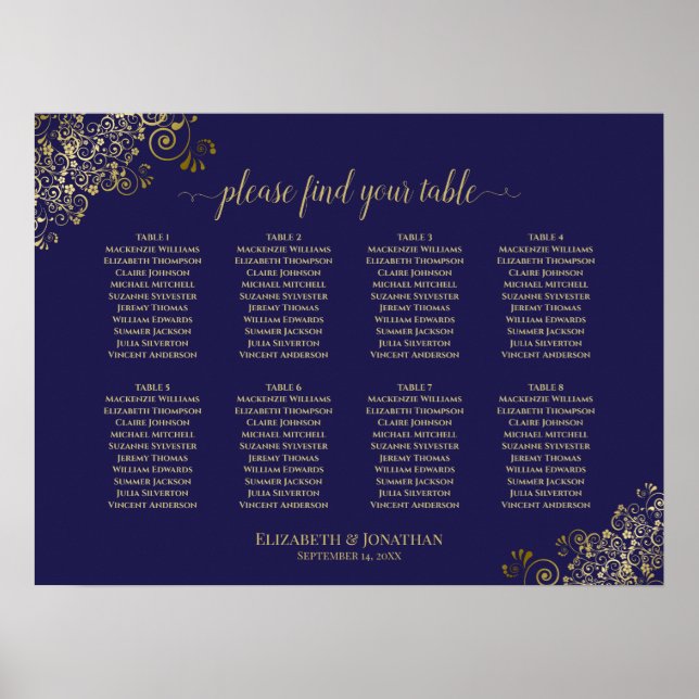 8 Table Wedding Seating Chart Lacy Gold Navy Blue (Front)