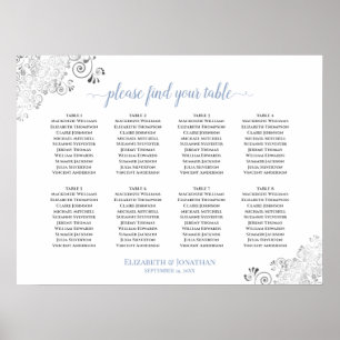 8 Table White & Blue Frilly Wedding Seating Chart