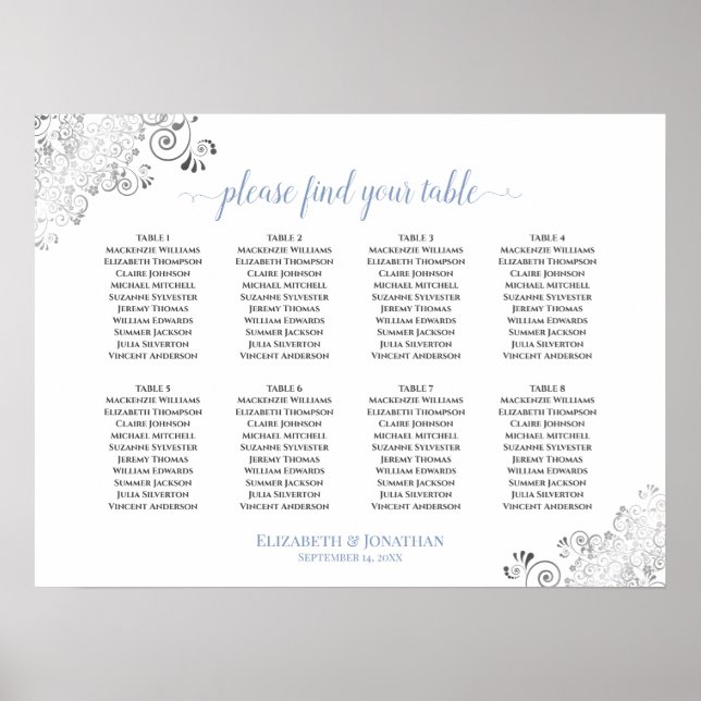 8 Table White & Blue Frilly Wedding Seating Chart (Front)