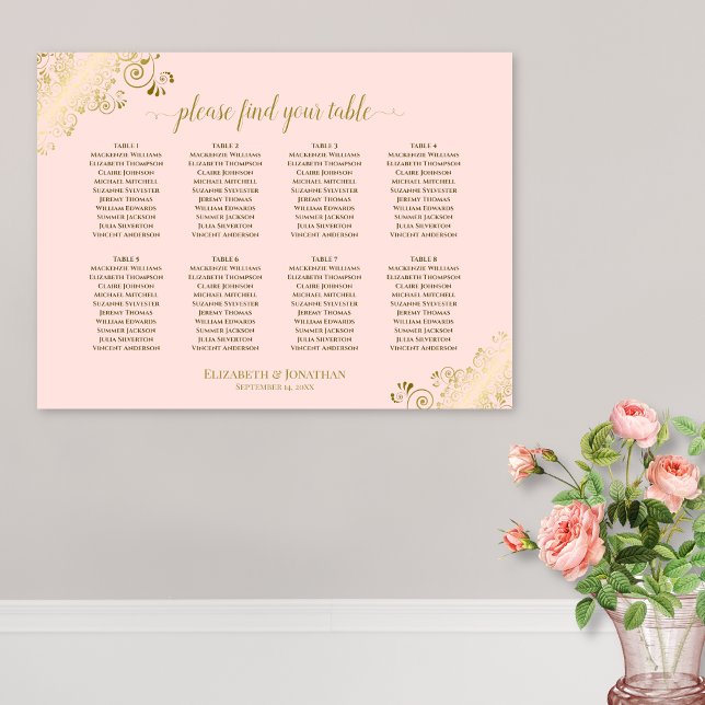 8 Tableau Mariage Planche de siège Rose & Or (In Situ on Wall with Flowers)