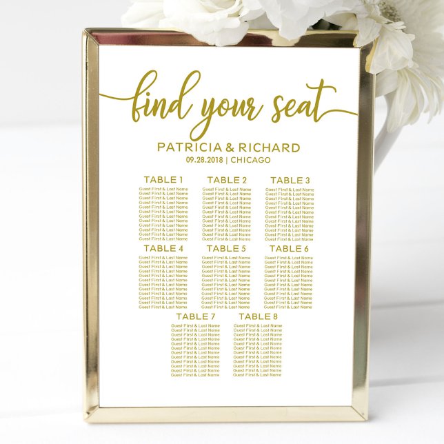 8 Tables Wedding Seating Chart Gold Calligraphy (Creator Uploaded)