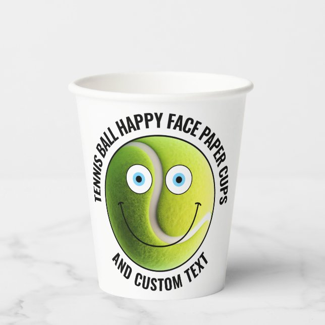 8 x Custom Tennis Theme Party BLUE EYES Happy Face Paper Cups (Front)