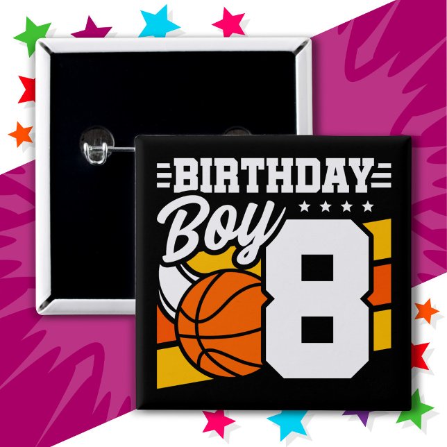 8 Year Old Basketball Party Theme 8th Birthday Boy 2 Inch Square Button (Creator Uploaded)