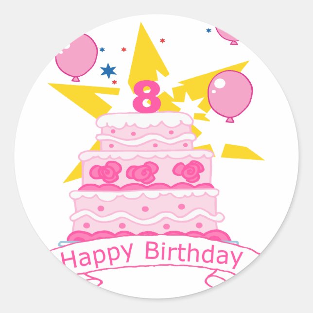 8 Year Old Birthday Cake Classic Round Sticker (Front)