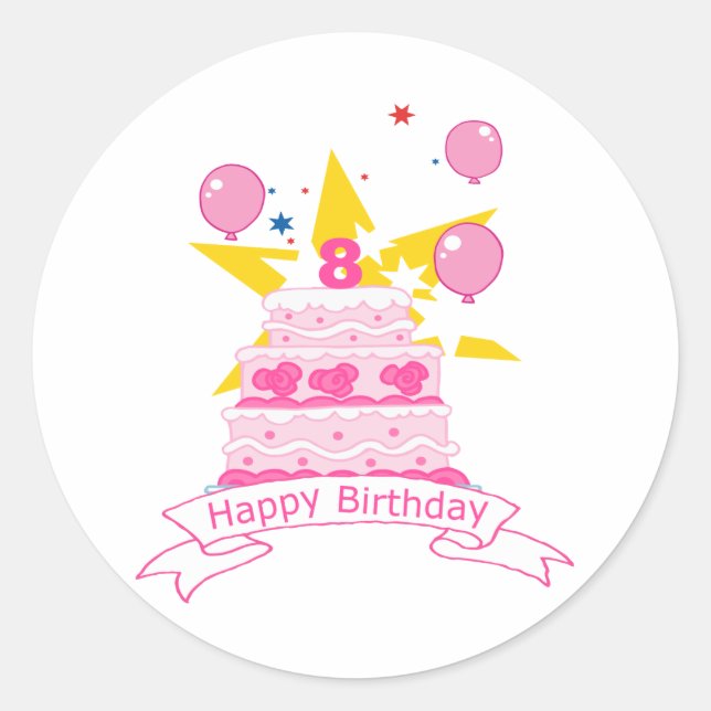 8 Year Old Birthday Cake Classic Round Sticker (Front)