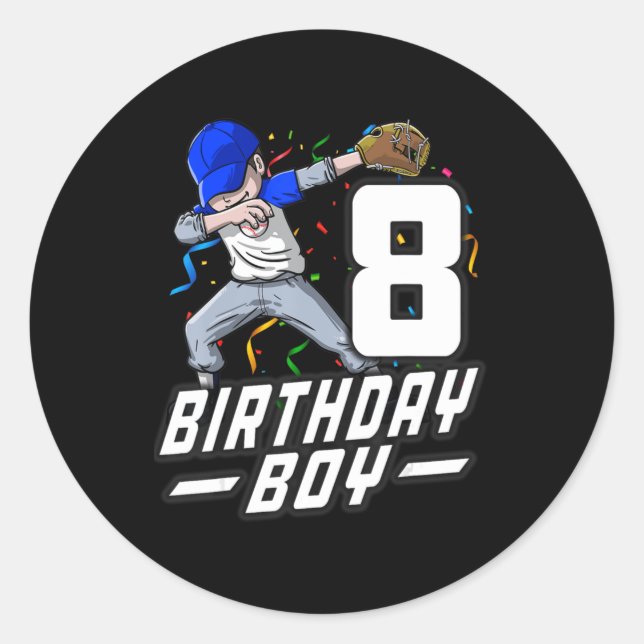 8 Year Old Kids Boys 8th Birthday Baseball Dabbing Classic Round Sticker (Front)
