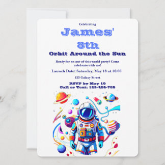 8 Year Old Space Birthday Custom Astronaut Orbit  Invitation