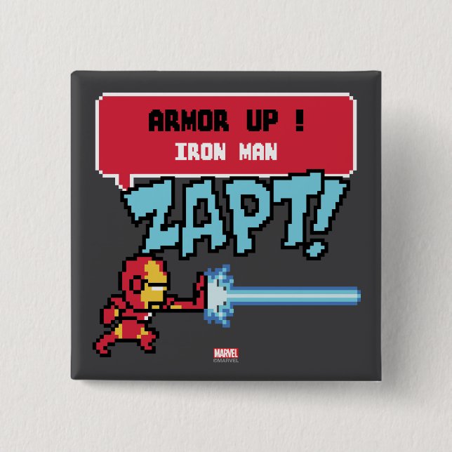 8Bit Iron Man Attack - Armour Up! 2 Inch Square Button (Front)