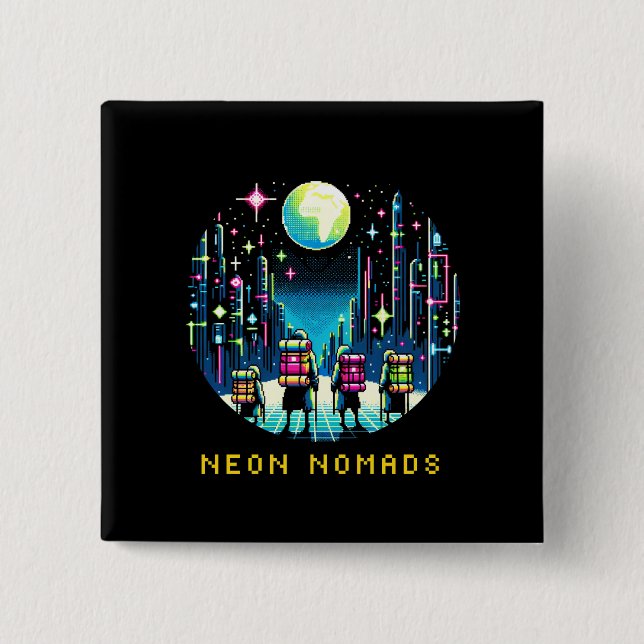 8bit Neon Nomads - Cyberpunk City Adventure 2 Inch Square Button (Front)