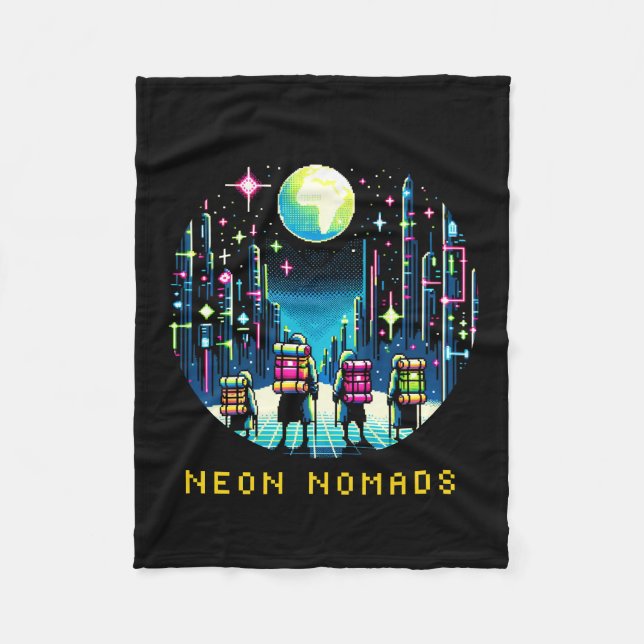8bit Neon Nomads - Cyberpunk City Adventure Fleece Blanket (Front)