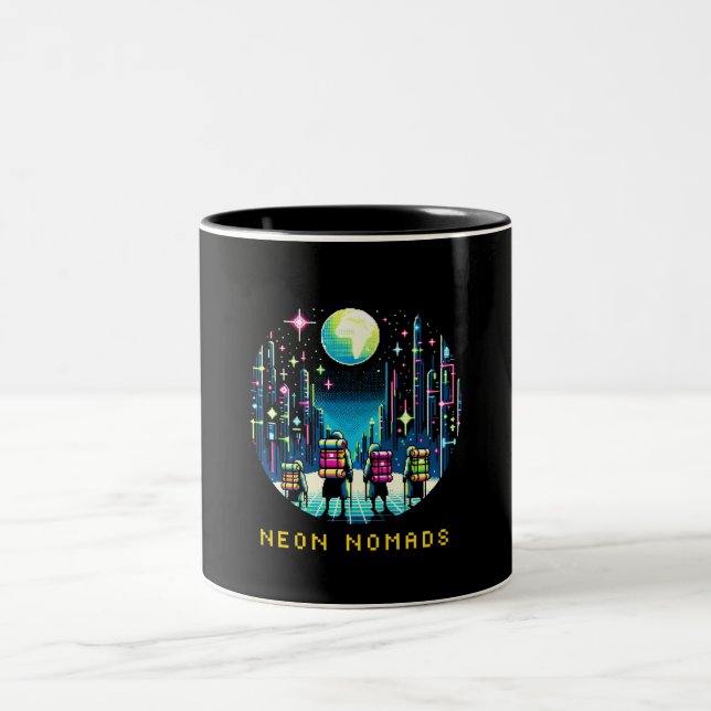 8bit Neon Nomads - Cyberpunk City Adventure Two-Tone Coffee Mug (Center)