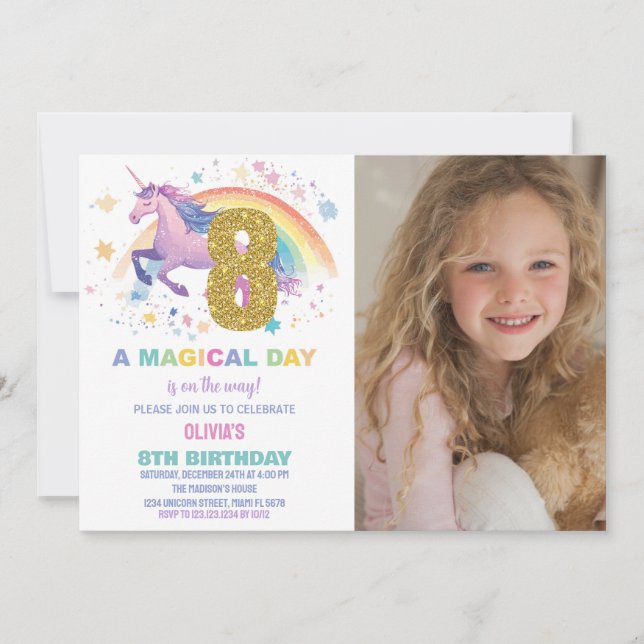 8e anniversaire de l'Unicorne Invitations avec pho (Devant)