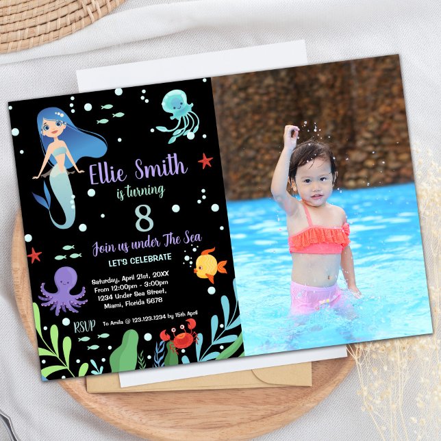 8e anniversaire de sirène Invitations avec photo (8th Mermaid Birthday Invitations with photo)