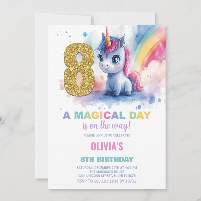 8e anniversaire Unicorn Anniversaire Invitations (Devant)