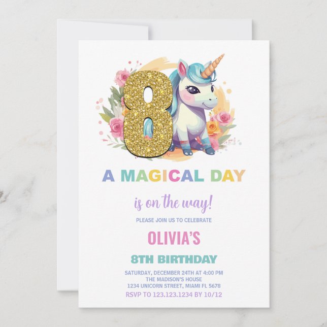 8e anniversaire Unicorn Anniversaire Invitations (Devant)