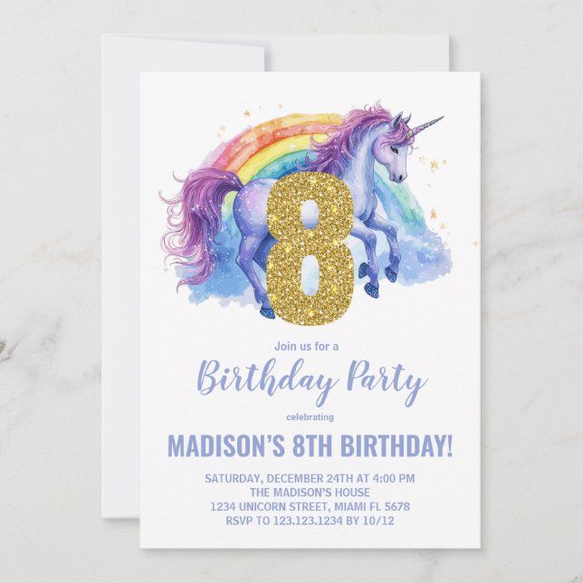 8e Rainbow Unicorn Invitations d'anniversaire (Devant)