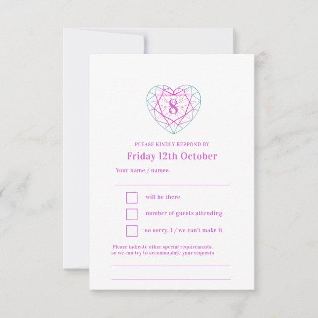 8ème anniversaire de coeur rose vert réponse RSVP (Devant)