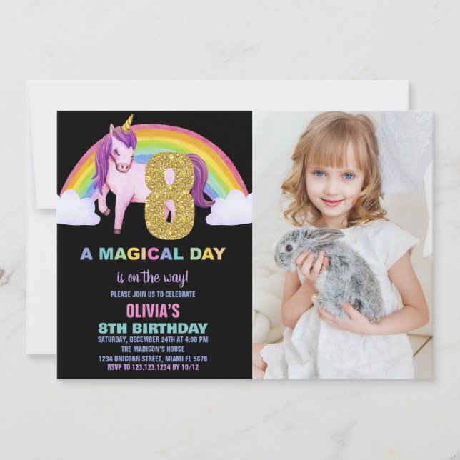 8ème Rainbow Unicorn Birthday Invitations photo (Devant)
