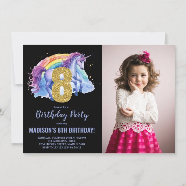 8ème Rainbow Unicorn Birthday Invitations photo (Devant)