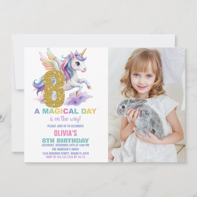 8ème Rainbow Unicorn Invitations Anniversaire avec (Devant)