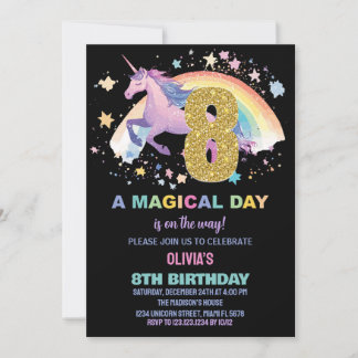 8ème Unicorn Invitations d'anniversaire