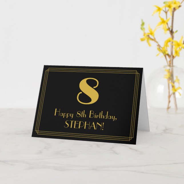 8th Birthday: Art Deco Inspired Look "8" + Name Card (Yellow Flower)