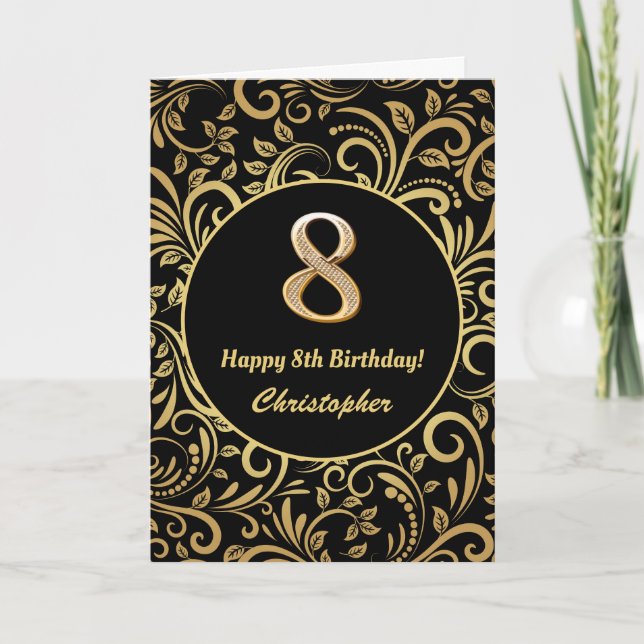 8th Birthday Black and Gold Floral Pattern Card (Front)