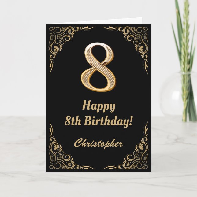 8th Birthday Black and Gold Glitter Frame Card (Front)