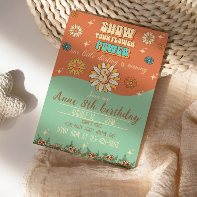 8th birthday bohemian groovy style retro invitation (Creator Uploaded)