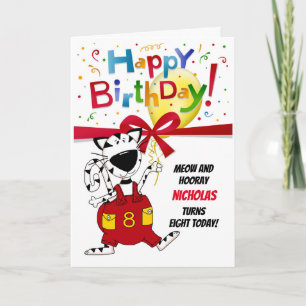 8th Birthday - Boy or Girl - Cute Cartoon Cat Name Card