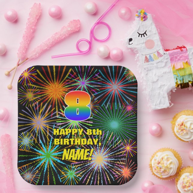 8th Birthday: Colourful, Fun Celebratory Fireworks Paper Plate (Party)